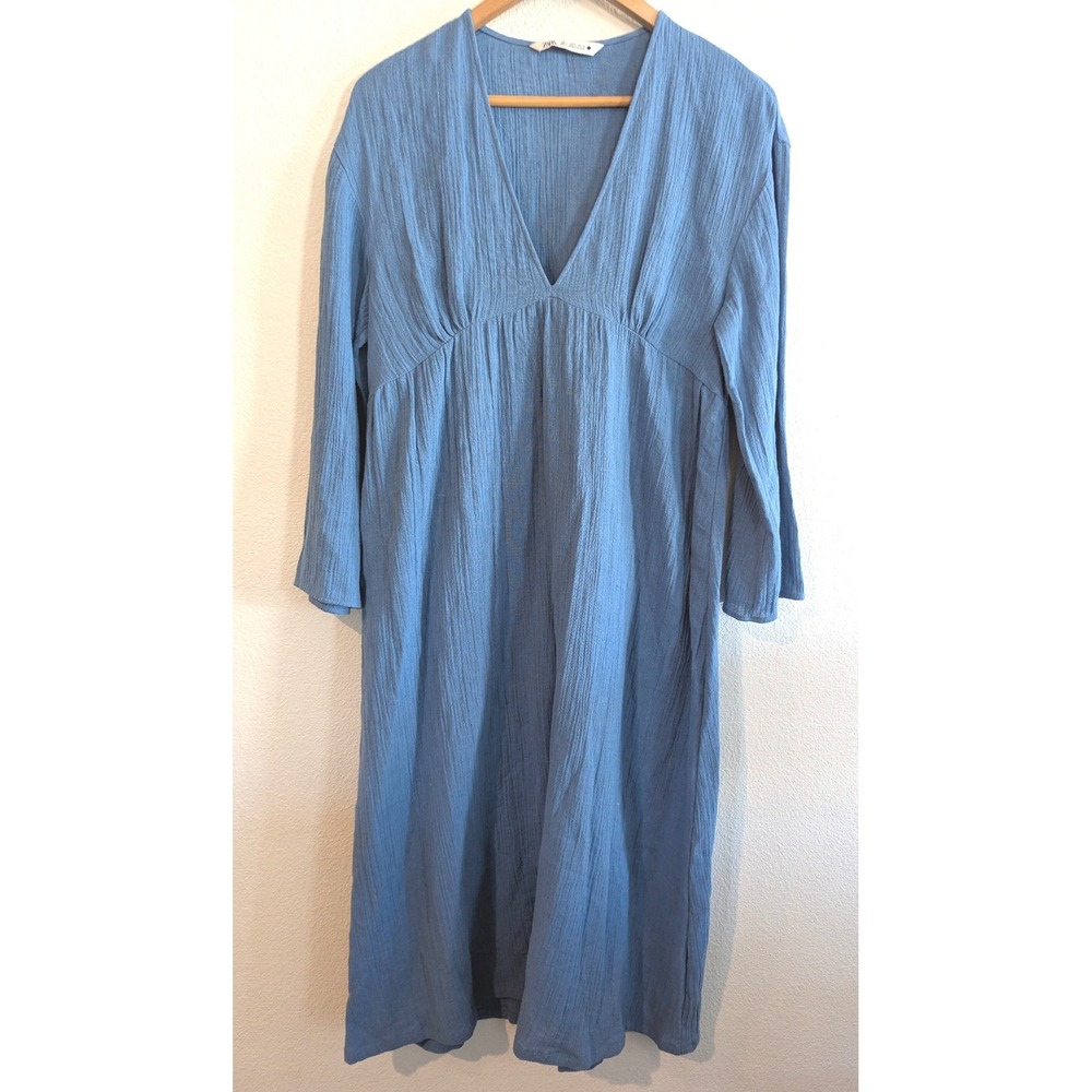 Zara Linen Blend Blue Midi Dress Small Boho Gauze Empire Waist Flowy Cottagecore